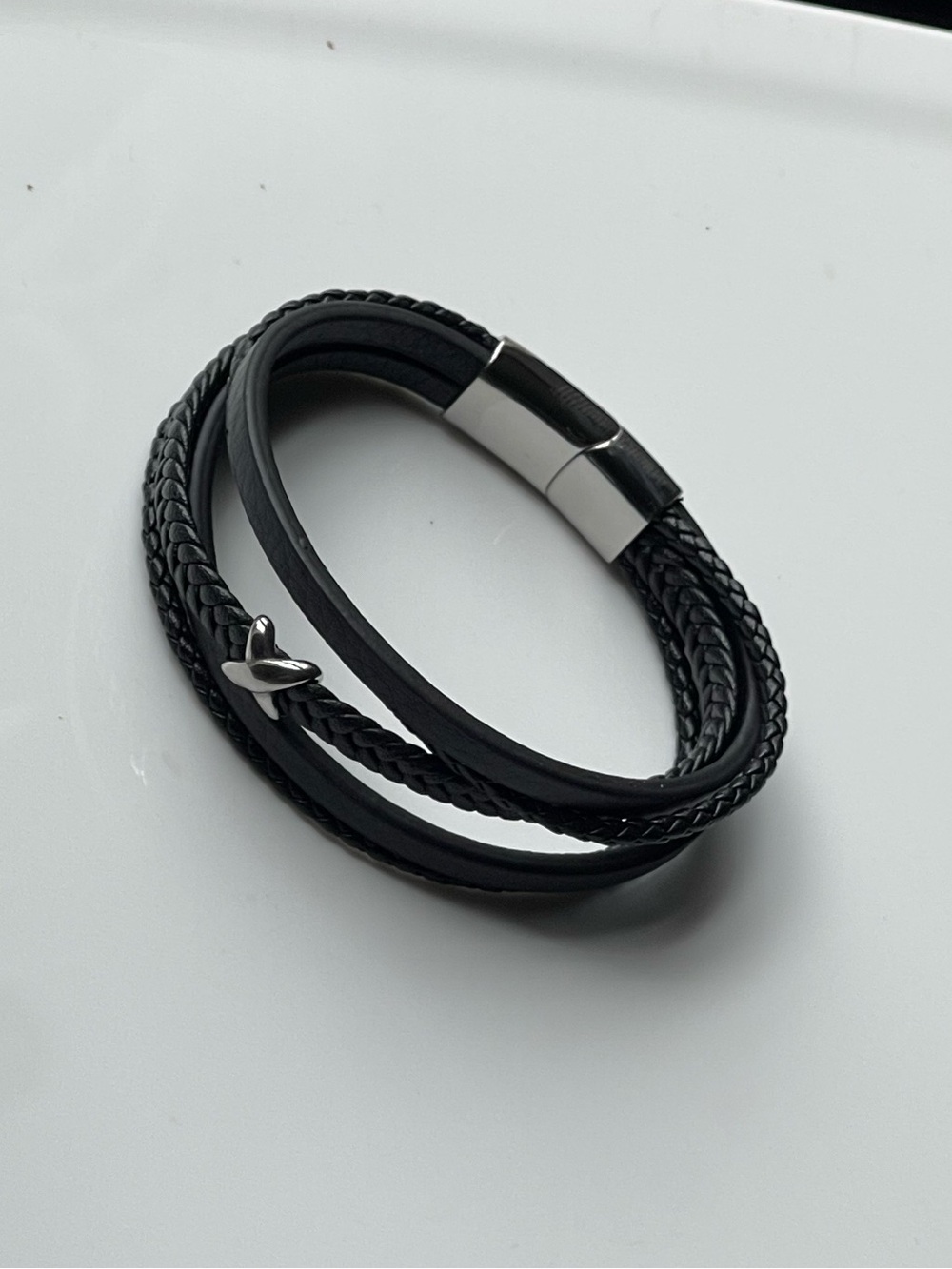 Black Multi-Strand Leather Men's Bracelet with Magnetic Clasp